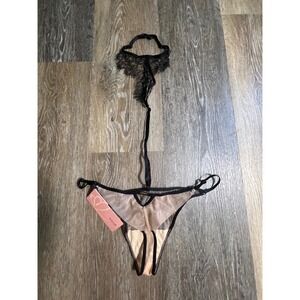 Ajour Lingerie ALS17-03 Thong Bodysuit Womens S Black Beige New Lace Strappy